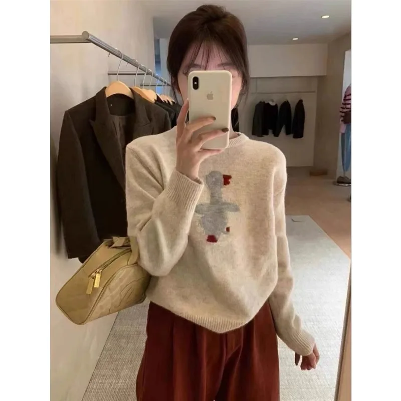 Korean round neck pure cashmere sweater female cartoon ducklings jacquard autumn and winter new loose sweater base sweater