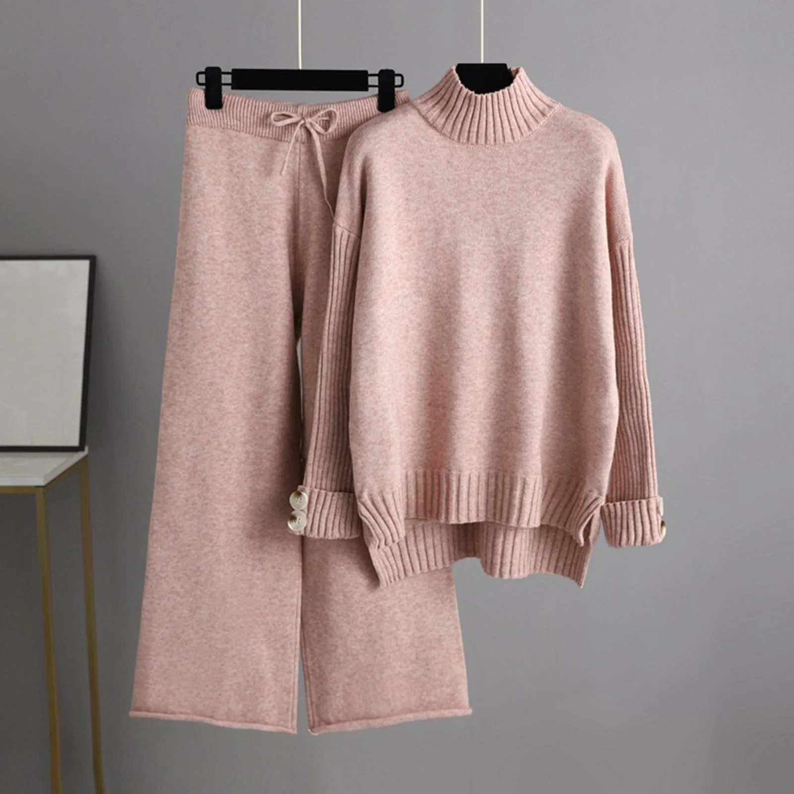 

Women Knitted Set Autumn Winter Knitting Suit High Collar Pullovers Sweater Long Pants Loose Wide Leg Pants Female Clothing Y2k