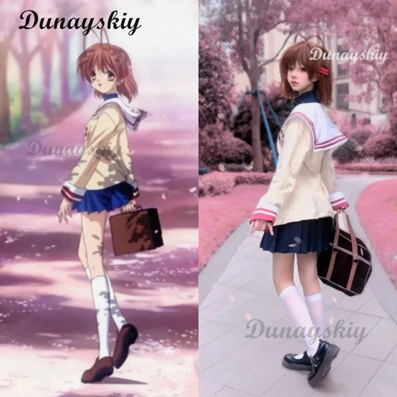 Juego Clannad Furukawa Nagisa Cosplay disfraz peluca uniforme de la escuela secundaria falda abrigo mujer adulta Kawaii Campus traje de marinero