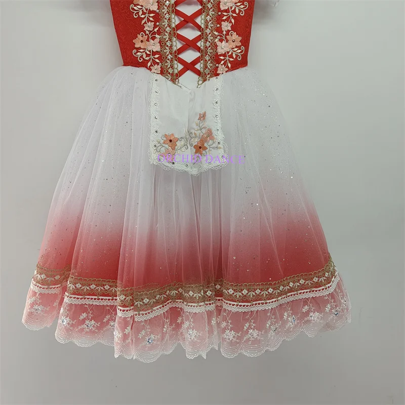 Professional Unique Design Kids Girls Adult La Fille Mal Gardee Performance Wear Ballet Costume Long Ombre Red Romantic Tutu