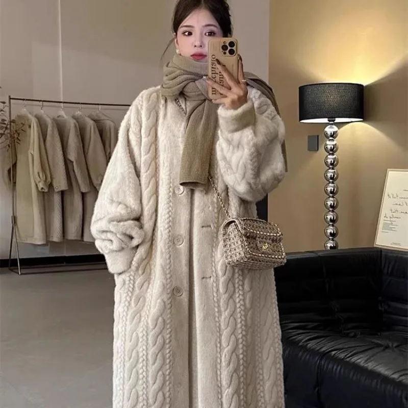 Women Winter Long Cable Knit Faux Mink Fur Coat Thick Integrated Furry Eco Friendly Outerwear