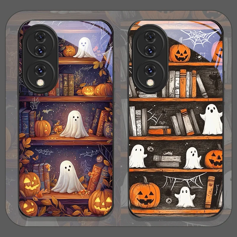 Halloween Pumpkin Ghost Bookshelf Tempered Glass Phone Case for Huawei Honor 200 Lite 300 100 Pro 90 GT X8 Magic 7 6 5 Pro Cover
