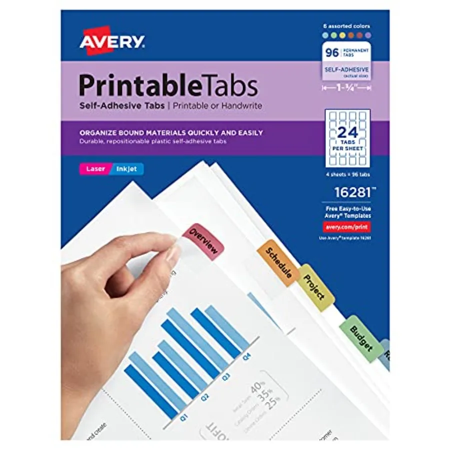 

Printable Self-Adhesive Plastic Tabs, 1-1/4", Repositionable Adhesive, Assorted Colors, Pack of 96 16281