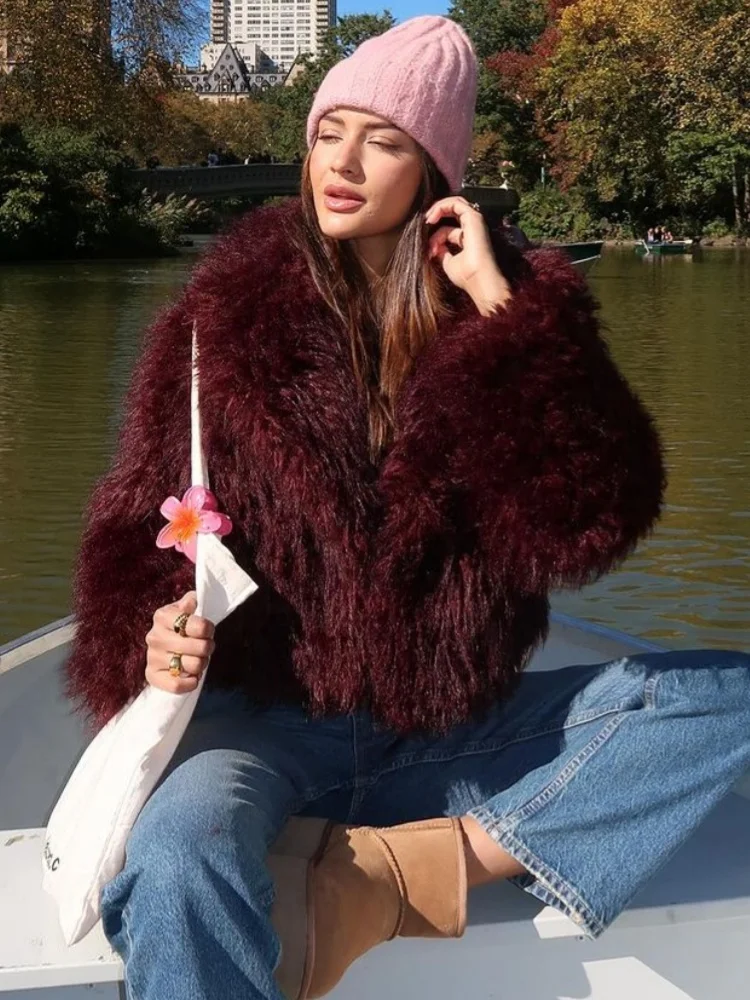 Chic Wine Red Warm Furry Faux Fur Coats For Women Fashion Lapel Long Sleeve Loose Jacket Coat Autumn Winter New Lady Streetwear