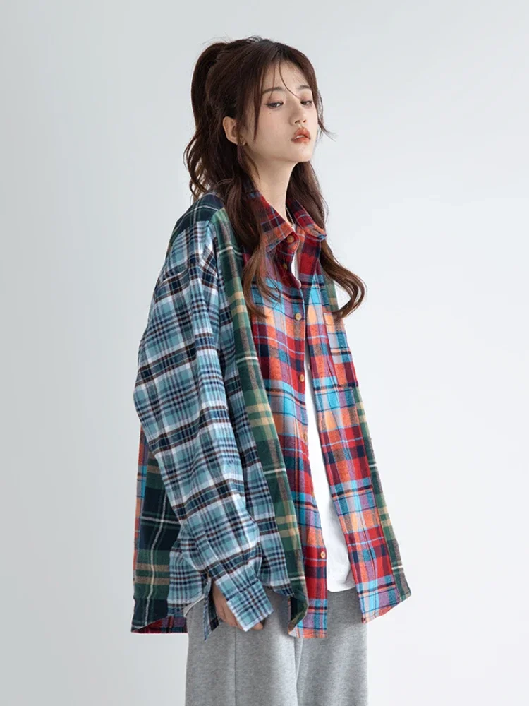 Plaid Shirts Women Contrast Color American Retro Nostalgic Baggy Slouchy Long Sleeve Streetwear All-match Ladies Clothing Autumn