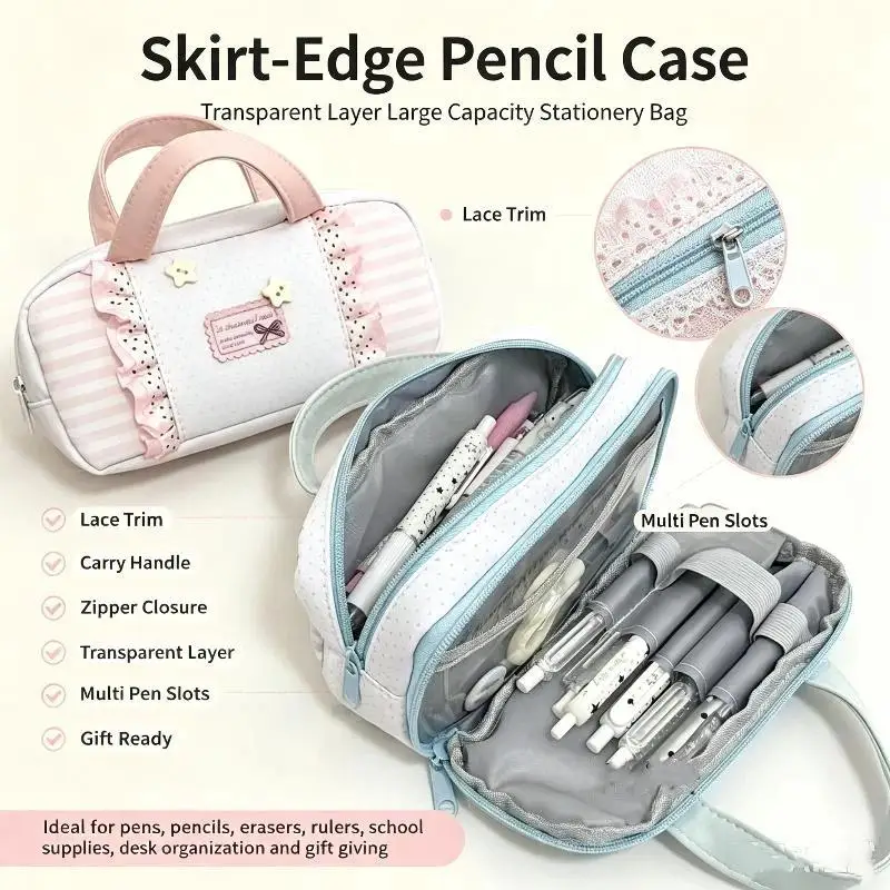 INS Style Cute Lace Wave Point Handheld Storage Bag Big Capacity Student Pen Case Multi‑Purpose Makeup Pouch Portable Daily Use