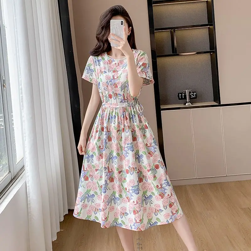 Spring Pure Cotton Women's Mid Length Summer New Short Sleeved Small Floral Loose Slimming and Stylish Printing Dress