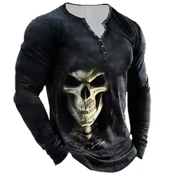 Skull Vintage Men's T Shirt Pattern T Shirt 3D Printed Long Sleeve V Neck T Shirt Oversized Men's Clothing Button Top Summer