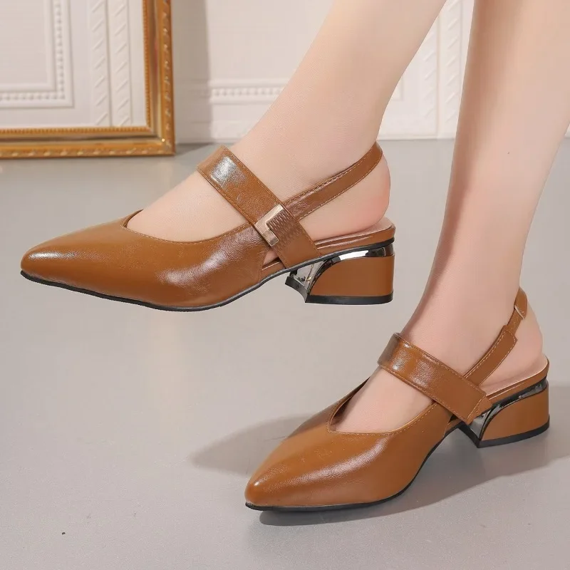 Sandales à Talons Bas et Carrés pour Femme, Chaussures de Connaissance Tendance, Solide, à la Mode, 2024