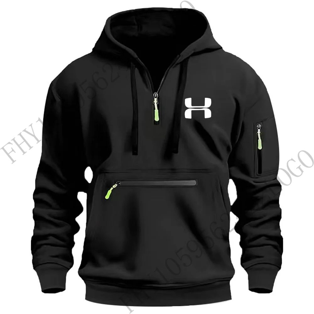 2024 new men's casual hoodie autumn and winter outdoor men's fitness jogging sports coat multi-zipper pocket hoodie