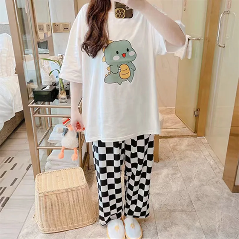 Women\'s Pajamas Summer Two-Piece Set Of New Short-Sleeved Long Pants Loose Big Yards Korean Version Of The Cute Cartoon Homewear