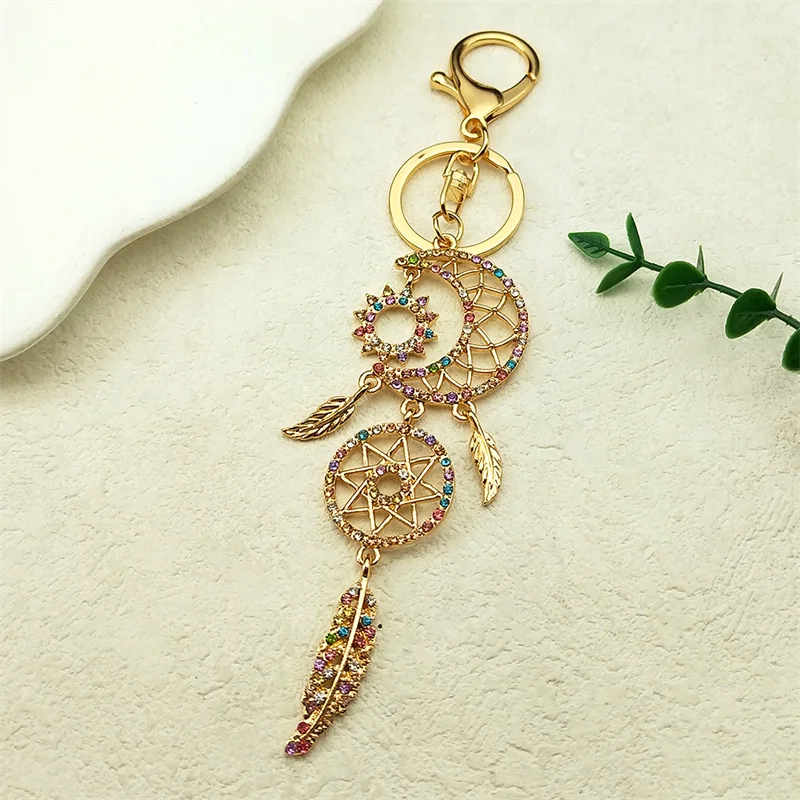 Moon Sun Pink Dream Feather Catcher Key Chain for Women Rhinestone Metal Gold Color Dreamcatcher Keychain Gift Jewelry K9215S01