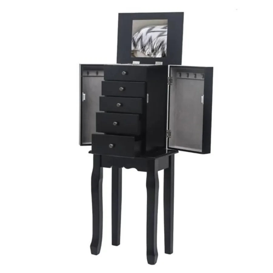 Standing Jewelry Armoire with Mirror 5 Drawers 6 Necklace Hooks Jewelry Cabinet Chest with Top Storage Organizer 2 Side Swing D