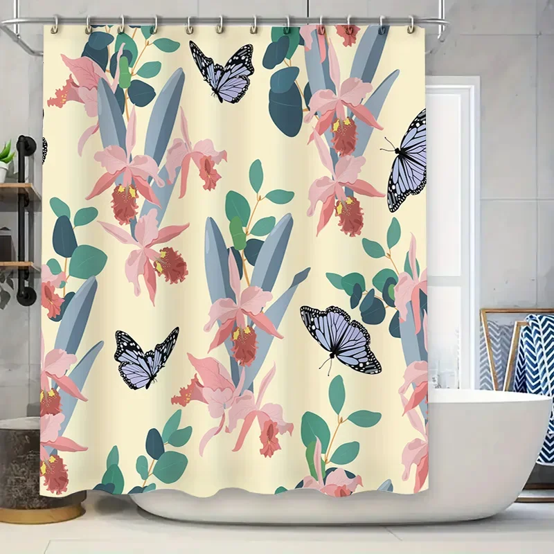 

Занавеска для душа с цветочным принтом и бабочкой, водонепроницаемая ткань, декор для ванной комнаты для дома, мягкий розовый, зеленый цветочный узор с
