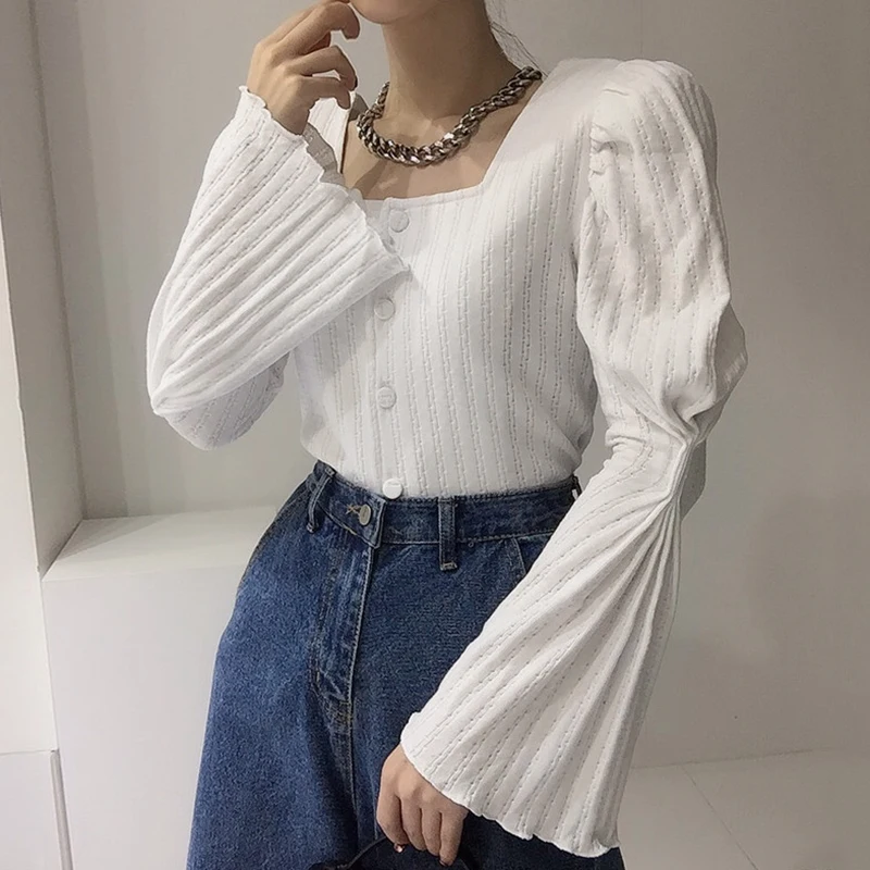 

Slimming Chic Design Knitted Folded Hem Flared Sve Square Collar Single Button Women's Sweater Cardigan Long Sve Winter...