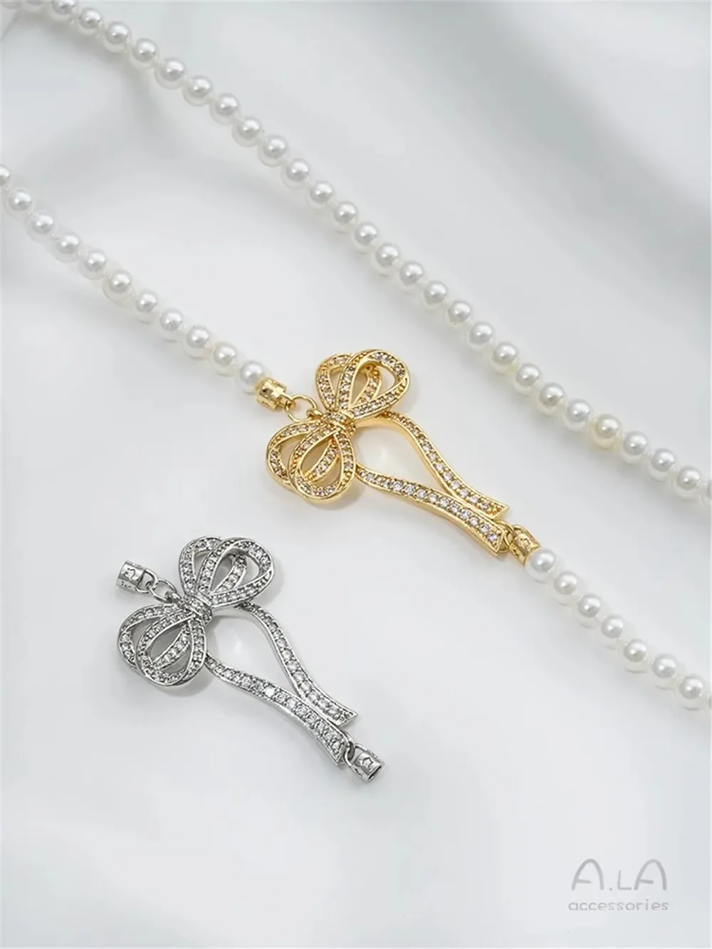 14K Gold Pack Zircon Bow Pearl Necklace Sweater Chain Connecting Buckle Pendant Handmade Beaded Accessories