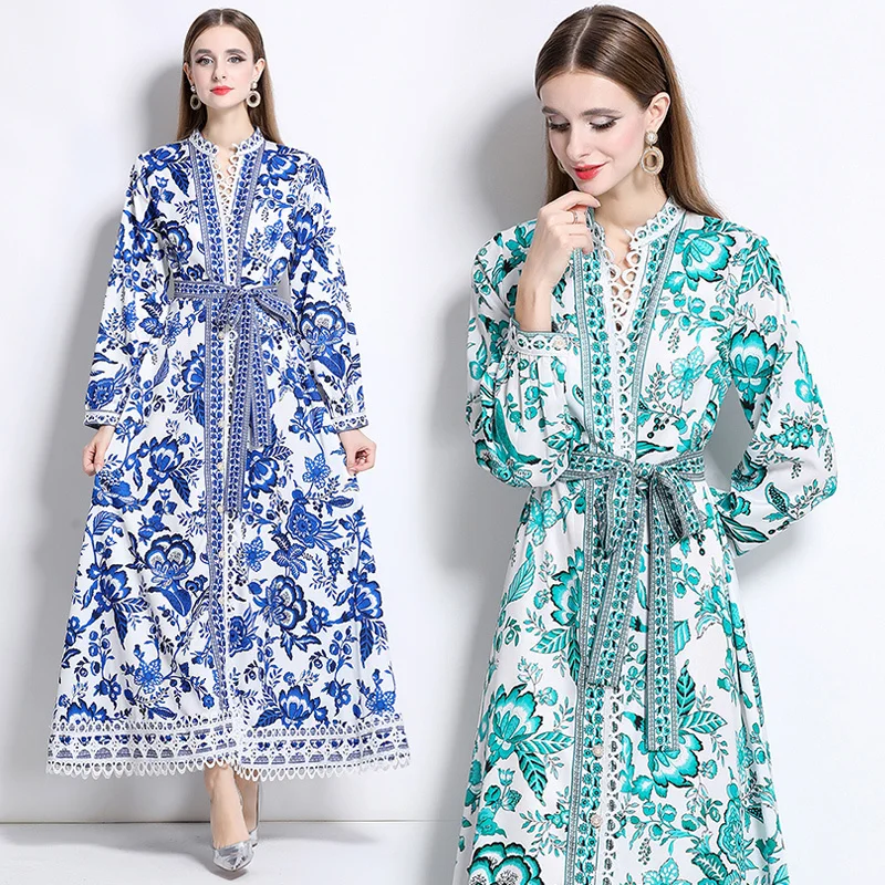 

Autumn Muslim Long Sleeve Floral Maxi Dress Shirt Women Bohemian Fashion Palace Style Lace Trim Single-breasted Printed Dresses