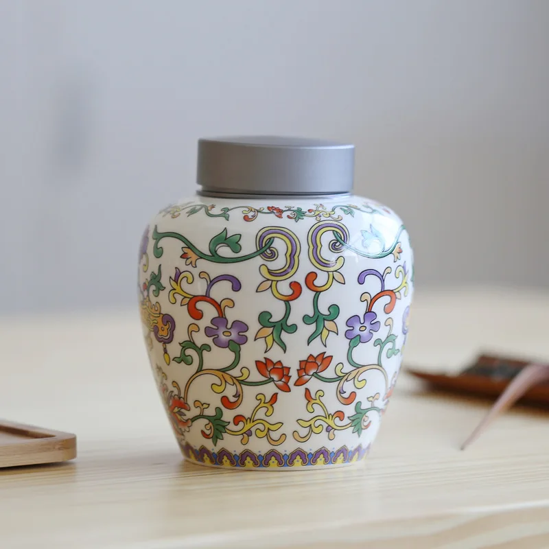 

Tangled Lotus Ceramic Tea Jar Aluminum Alloy Lid Sealed Storage Box Household Candy Coffee Tea Caddy Porcelain Storage Container