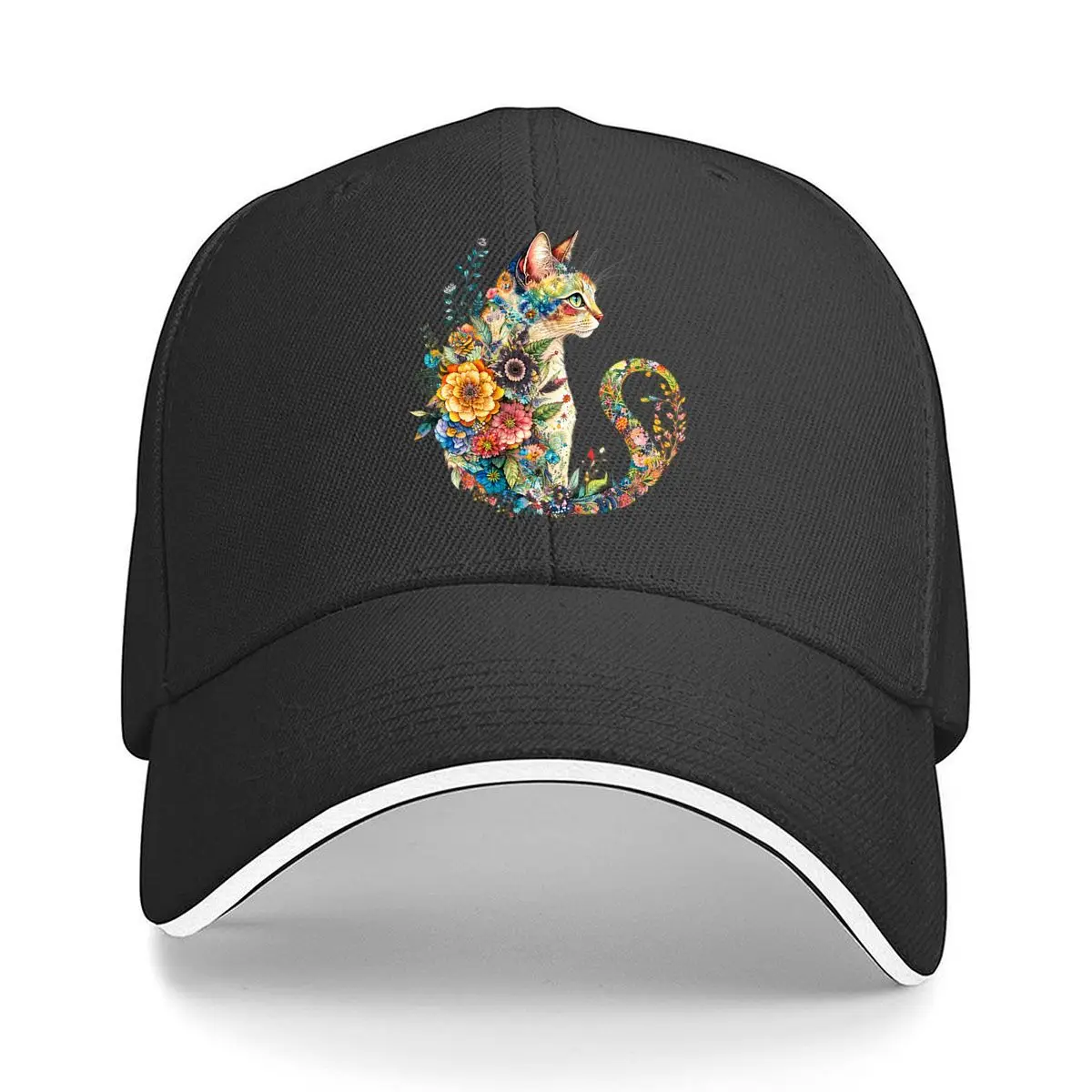 Floral Cat Portrait Colorful Botanical Flowers And Leaves Hip Hop hat Fashion Outdoor Sports Sandwich Baseball Cap