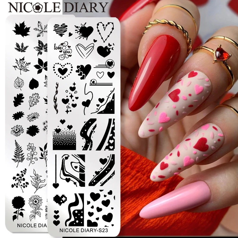 NICOLE DIARY Valentine\'s Day Nail Stamping Plates Heart Love Lines Nail Art Plate Stainless Steel Templates Printing Stencil