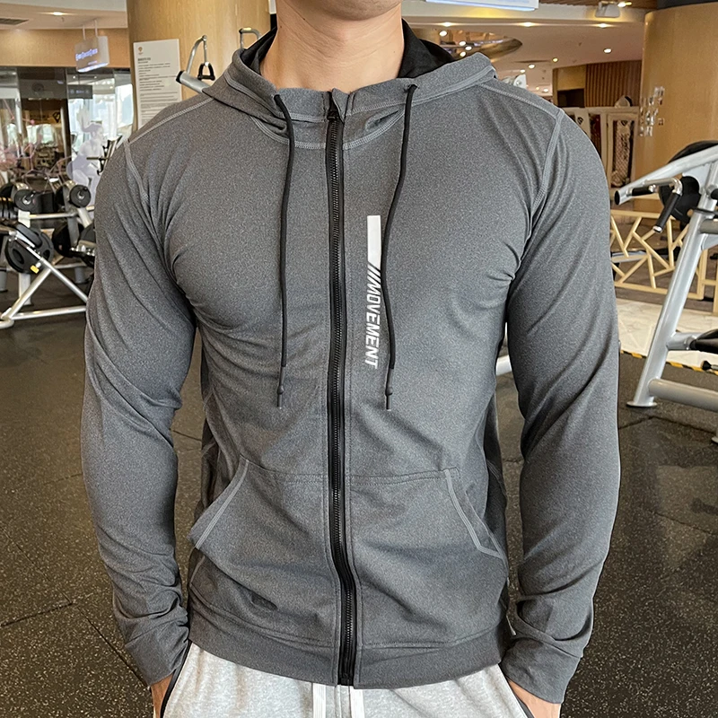 Sweat à capuche élastique pour homme, vêtement de sport à séchage rapide, veste de course, de Fitness en plein air, manteaux de gymnastique