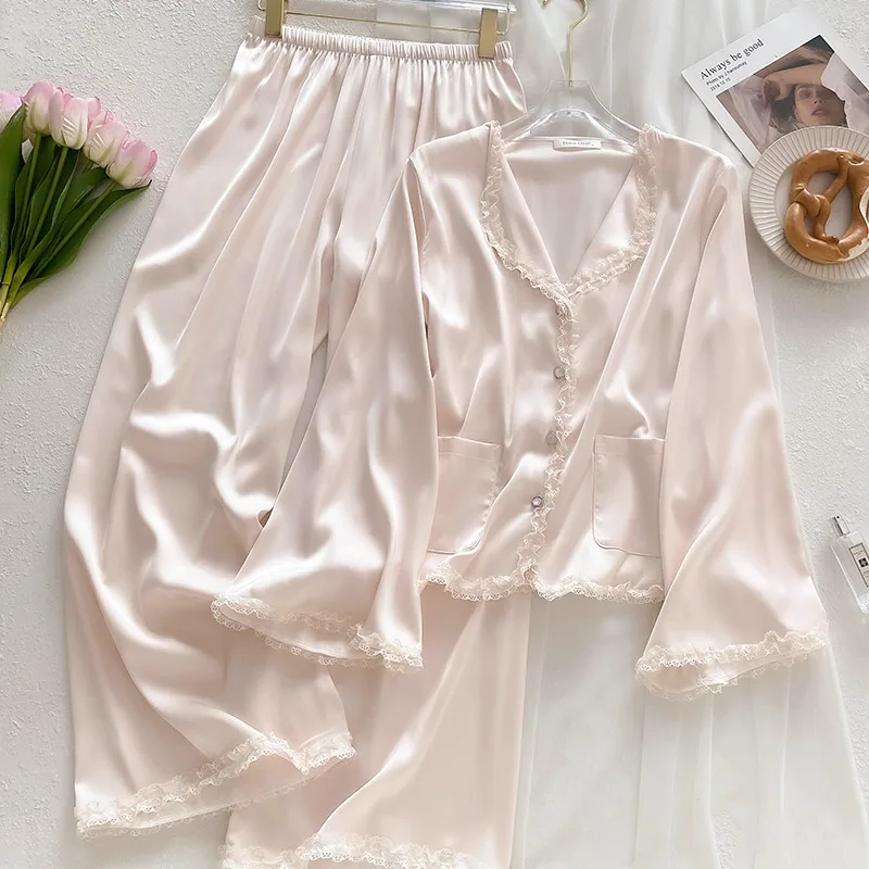Women's Sweet Silk Pajamas Set Small Lapel Long Sleeves Pants Loose Trousers Spring Summer Comfort Mulberry Silk Solid Sweet XL