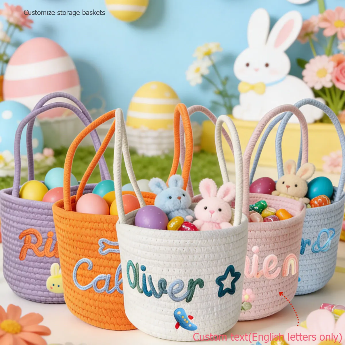 

Персонализированная портативная корзина для хранения, 1 шт., настраиваемая с инициалами и именем, подходит для домашнего хранения или пасхальных подарочных корзин.