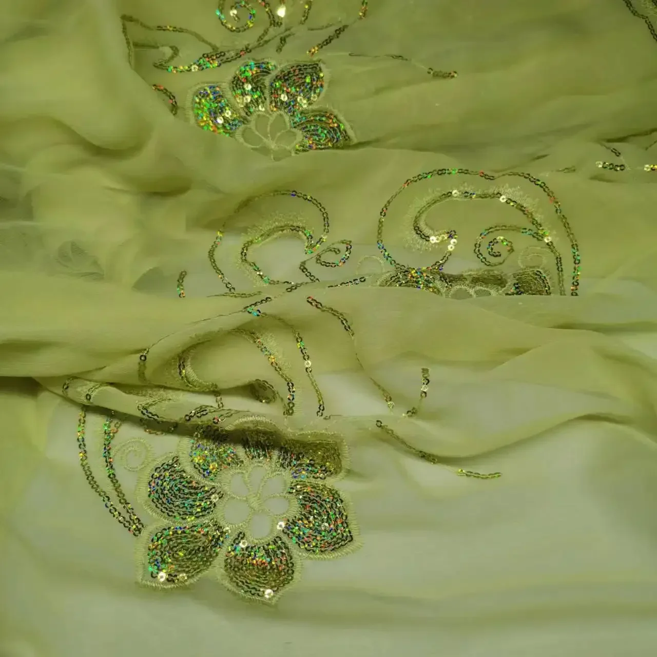 100% Silk Georgette Fabric Tissue with Embroidery Sequins Scarf Saree Decoration Dress Material