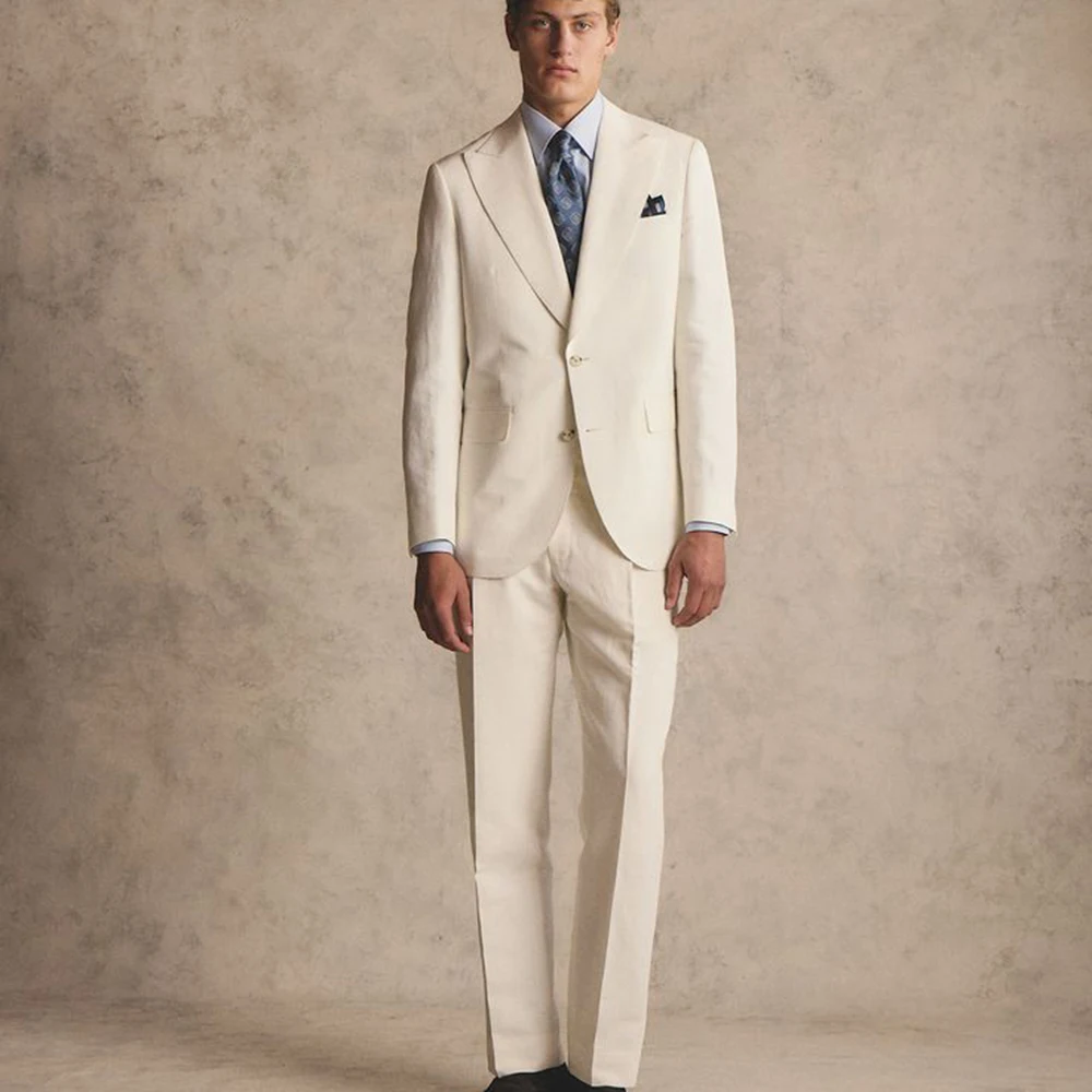 Light Beige Single-Breasted Men‘s Fashion Casual Suit 2 Piece Sets Peak Lapel Loose Buisness Widding Male Clothing(Jacket+Pant)