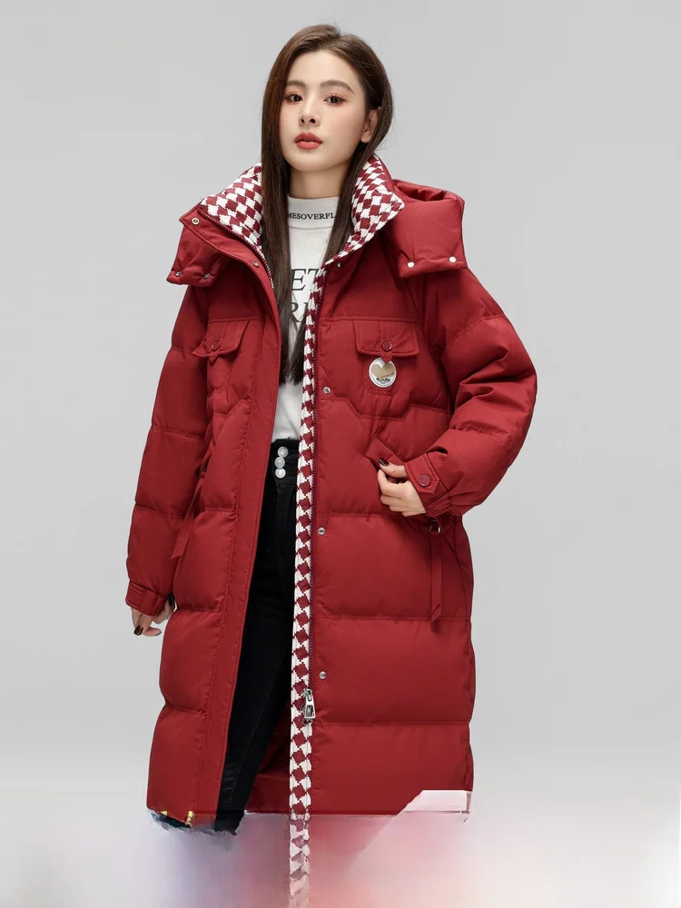 

Snowy Flight 2024 Winter Women's Long Thiened down Jaet Removable Hat Cheered Pattern Faionable Warm Du down Coat