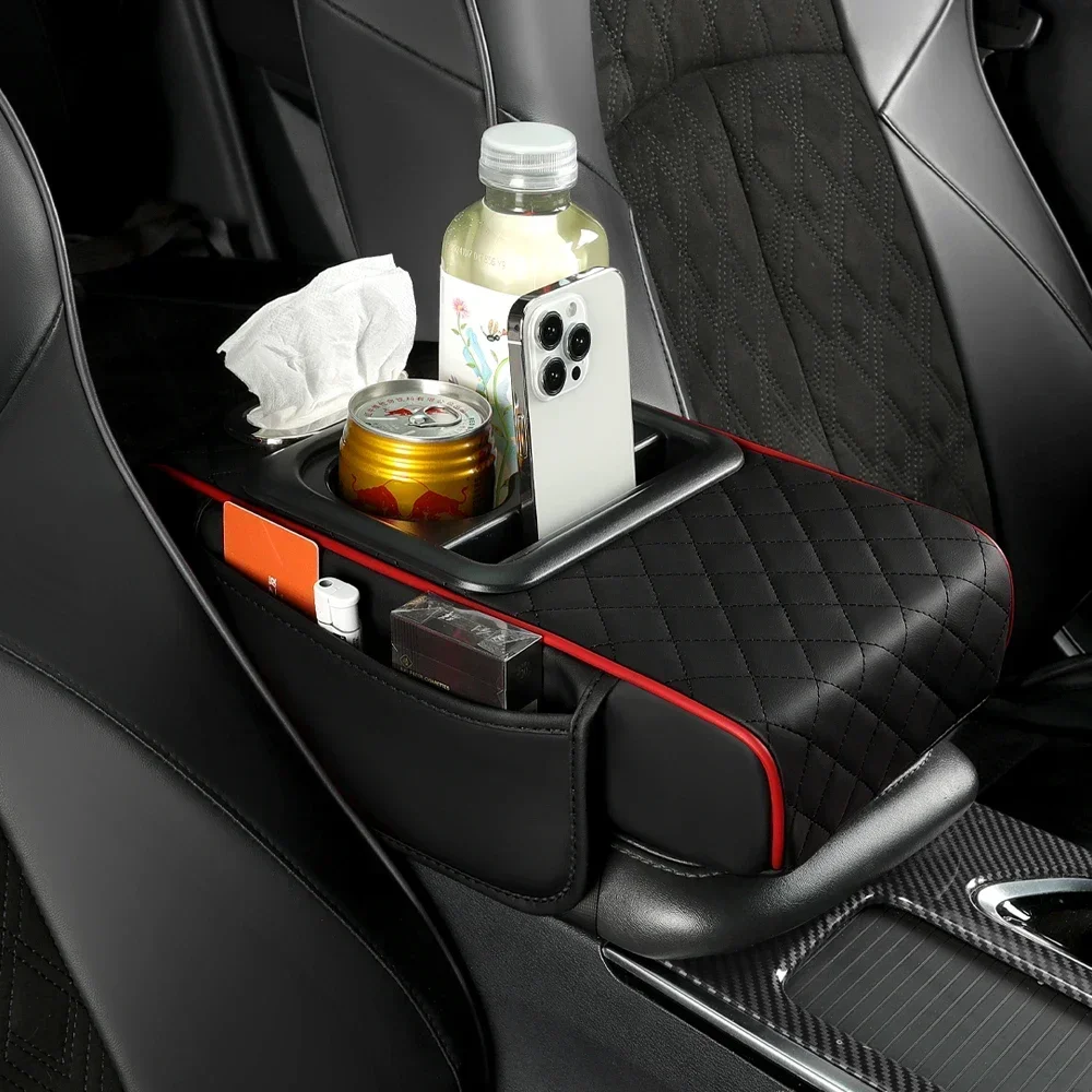 1PC PU Leather Armrest Pad with Cup Holder Tissue Box Car Center Console Height Increasing Armrest Cushion Car Armrest Pillow