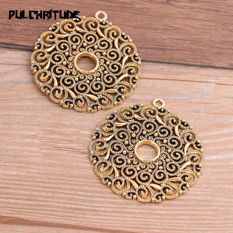 2Pcs 49*53mm Two Color Plated Big Round Hollow Pattern Pendants Making DIY Handmade Tibetan Silver color Finding Jewelry