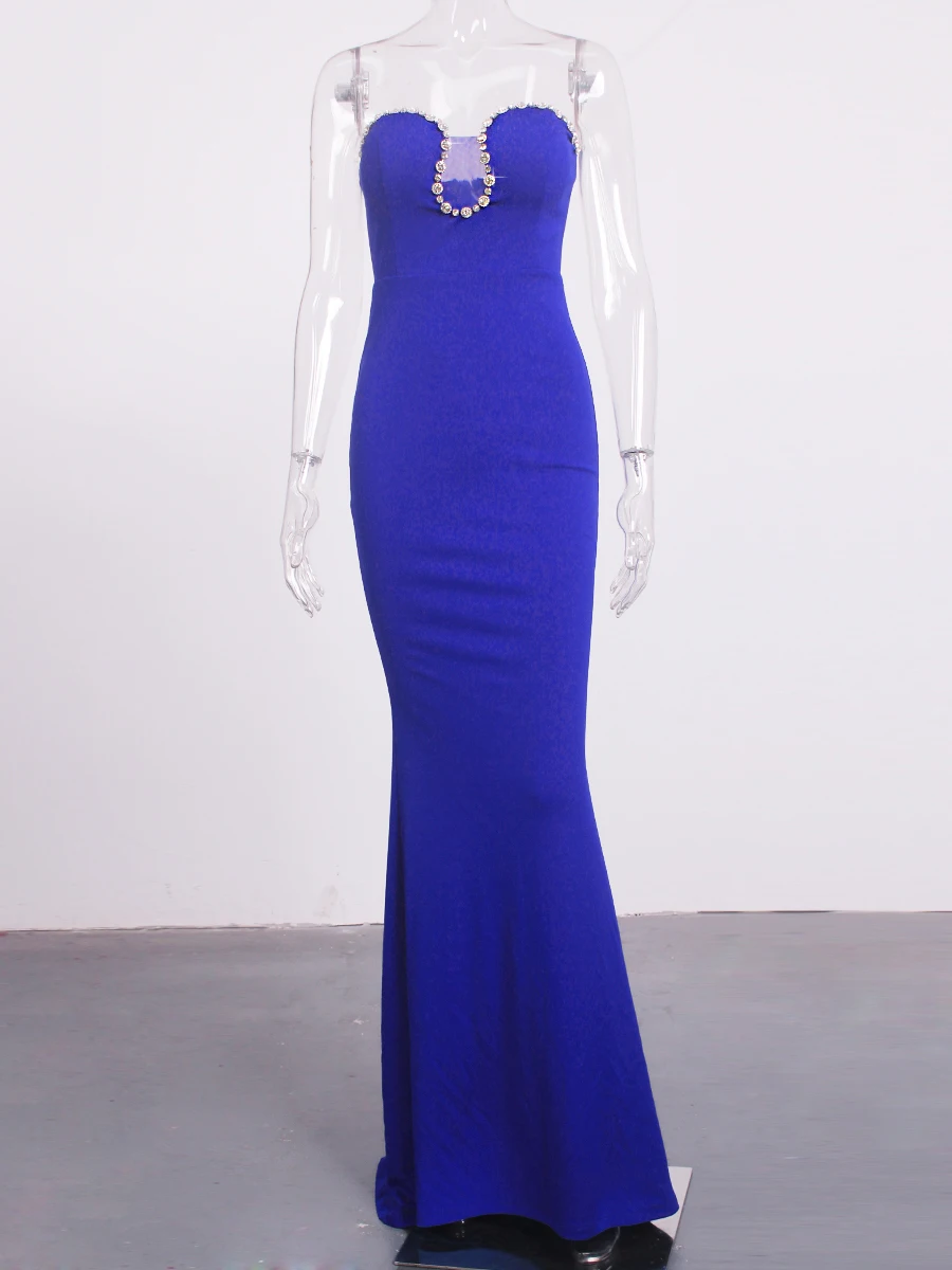 Rhinestones Strapless Sexy Long Evening Dress Royal Blue Black Sleeveless Backless Hollow Out Event Prom Maxi Gown