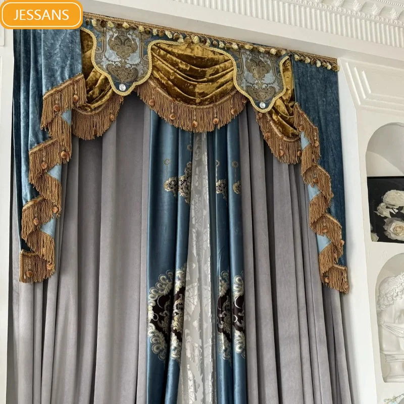New Grey Velvet Gilding Jacquard Splicing Curtains for Living Room Bedroom French Window Customized Finished Window Screen