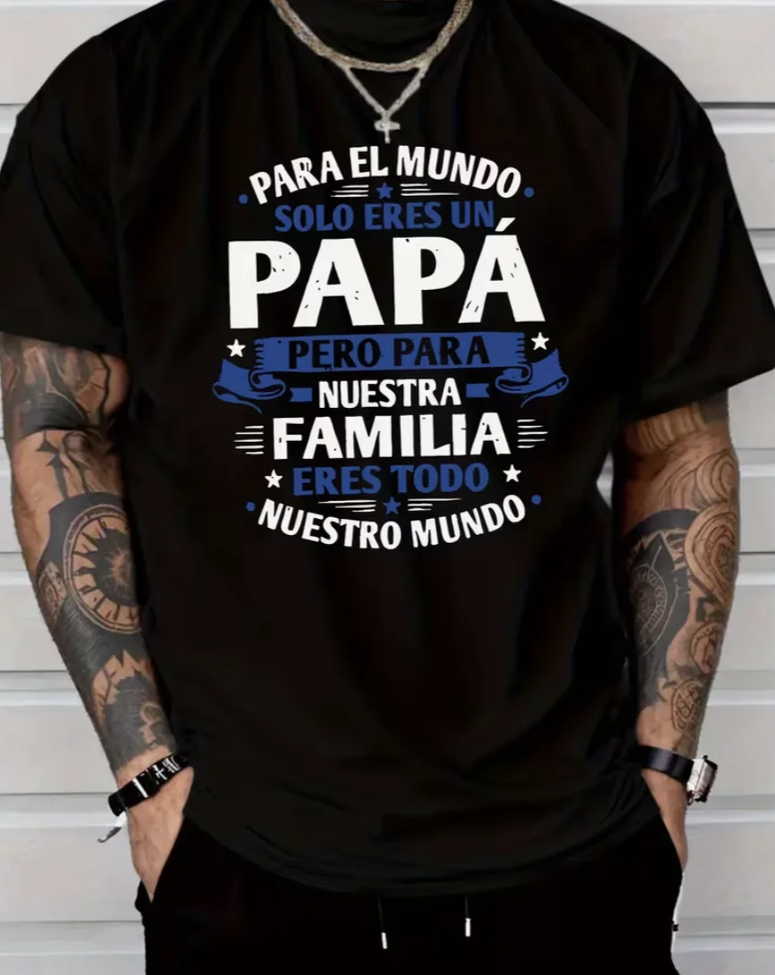 Men'S Casual Fashion Style Short-Sleeved T-Shirt, Dad Is Our World Letter Print Polyester Fiber Summer Fashion T-Shirt