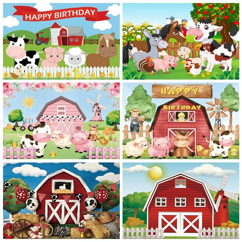 

Cartoon Farm Red Barn Photo Background Rural Farm Animal Wooden Fence Baby Birthday Party Decor Photography Backdrop Props