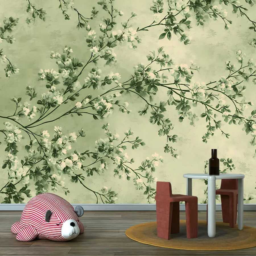 10+ Waterproof Botanical Nature Sage Green Leaf Branch, Self Adhesive Optional, Wallpaper Decor for Living Room Walls Renovation