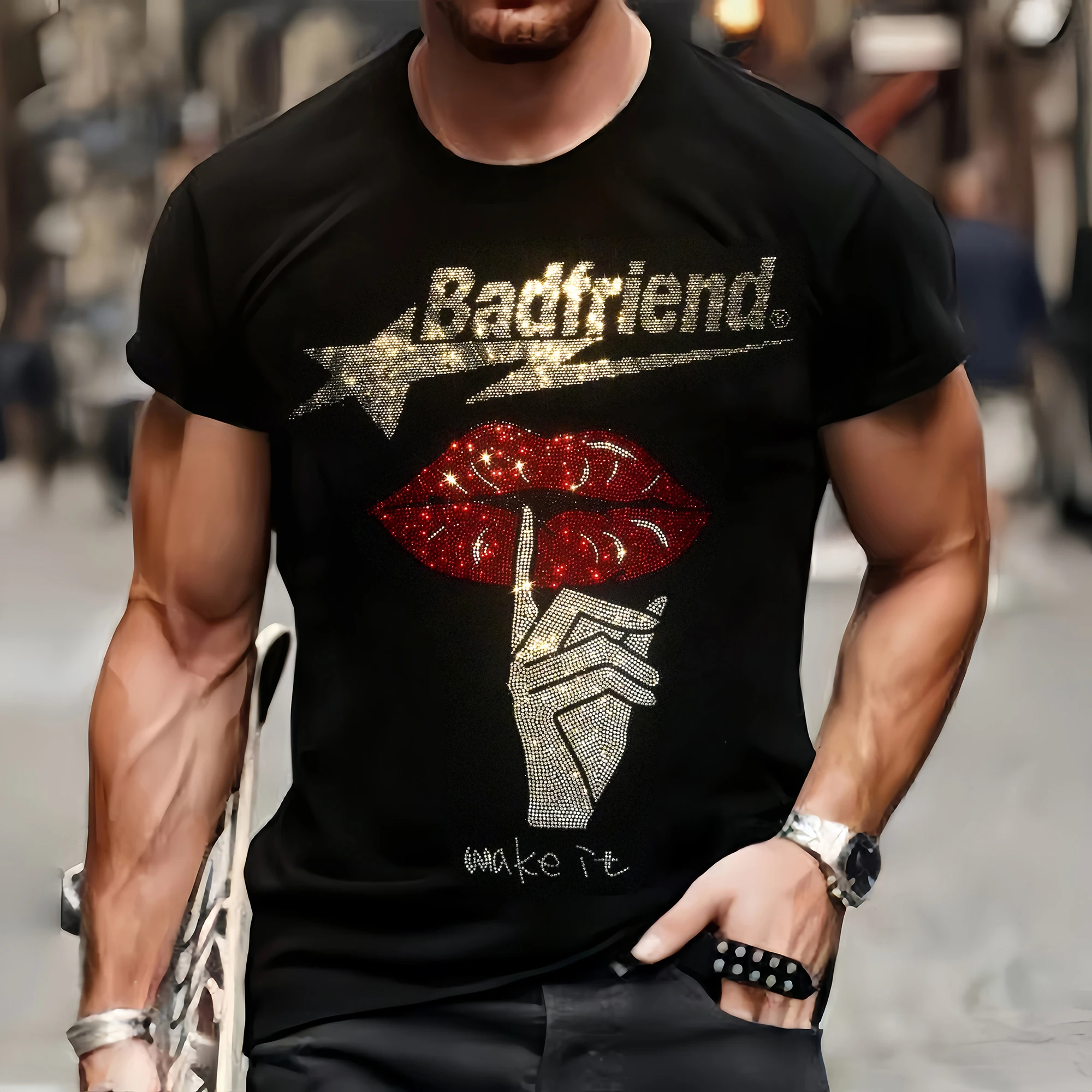 Fashion Mens Quality T-Shirts Autumn Casual Street Short Sleeve Clothing Tee Tops O-Neck Red Lips Rhinestone Designer Tshirt Y2k