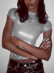 Leather Solid O Neck Short Sleeves Sexy Slim Y2K T-Shirt Top 2024 Summer Women Fashion Tees Streetwear Grunge Clothes