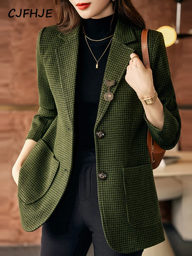 CJFHJE Plaid Green Fashion Suit Jacket Women Gray Autumn Button High Street Blazers Female Elegant Pocket Red Office Lady Blazer