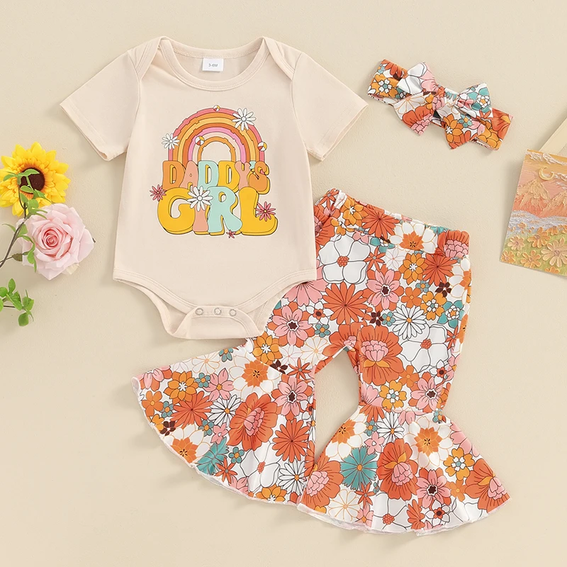 

2024-02-26 Lioraitiin Newborn Baby Girls Summer Outfits Short Sleeve Romper + Floral Flare Pants + Headband Clothes Set