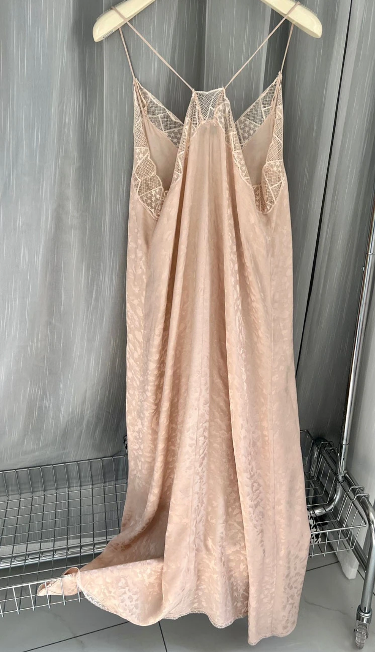 Summer Dress Women\'s 2024 New Fashion Elegant Nude Pink V-neck Lace 100% Silk Sleeveless Long sleeved Strap Midi Dress