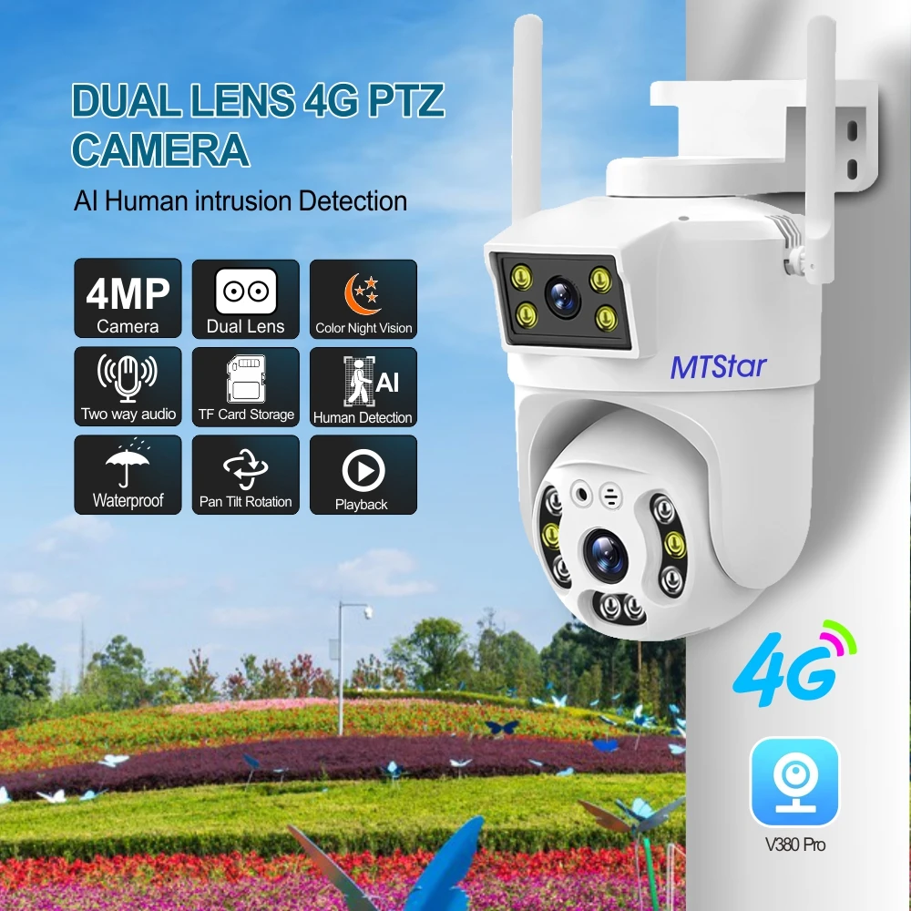 

MTStar HD 4MP 4G/Wifi Surveillance Camera Dual Lens AI Human Detect Wireless Outdoor Security PTZ IP Cameras V380 Pro APP