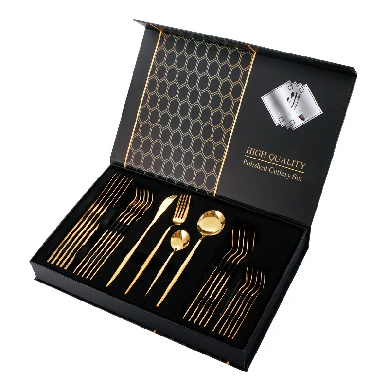 Ensemble de vaisselle populaire en acier inoxydable, couteau à steak, cuillère à dessert, coffret cadeau de style occidental, 24 pièces