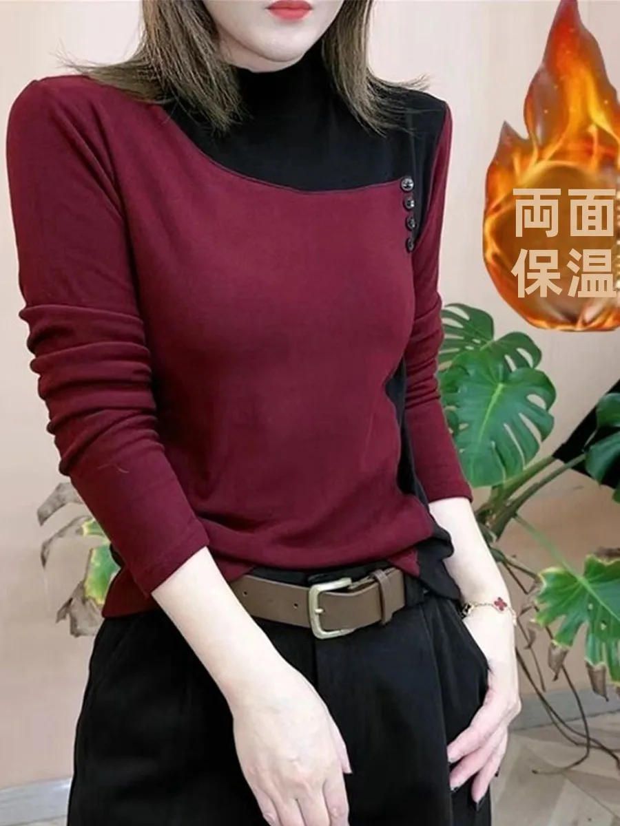 Fashionable Fleece Lined Long Sleeve High Collar Slim Fit Base Shirt Color Block Button Autumn Winter Top Women's T-shirt