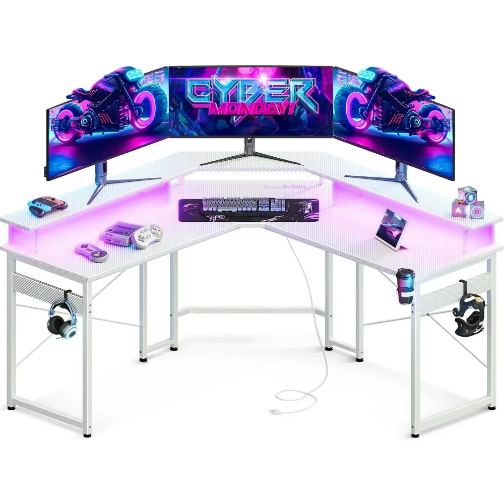 

L Shaped Gaming Desk with LED Lights & Power Outlets, 51" Computer Desk with Full Monitor Stand, Corner Desk with Cup Holder