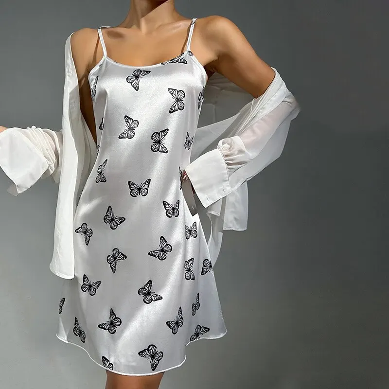 Women Sleepwear Satin Nightgown Mini Slip Chemise Short Nightwear Butterfly Print Spaghetti Strap Cami Nightdress