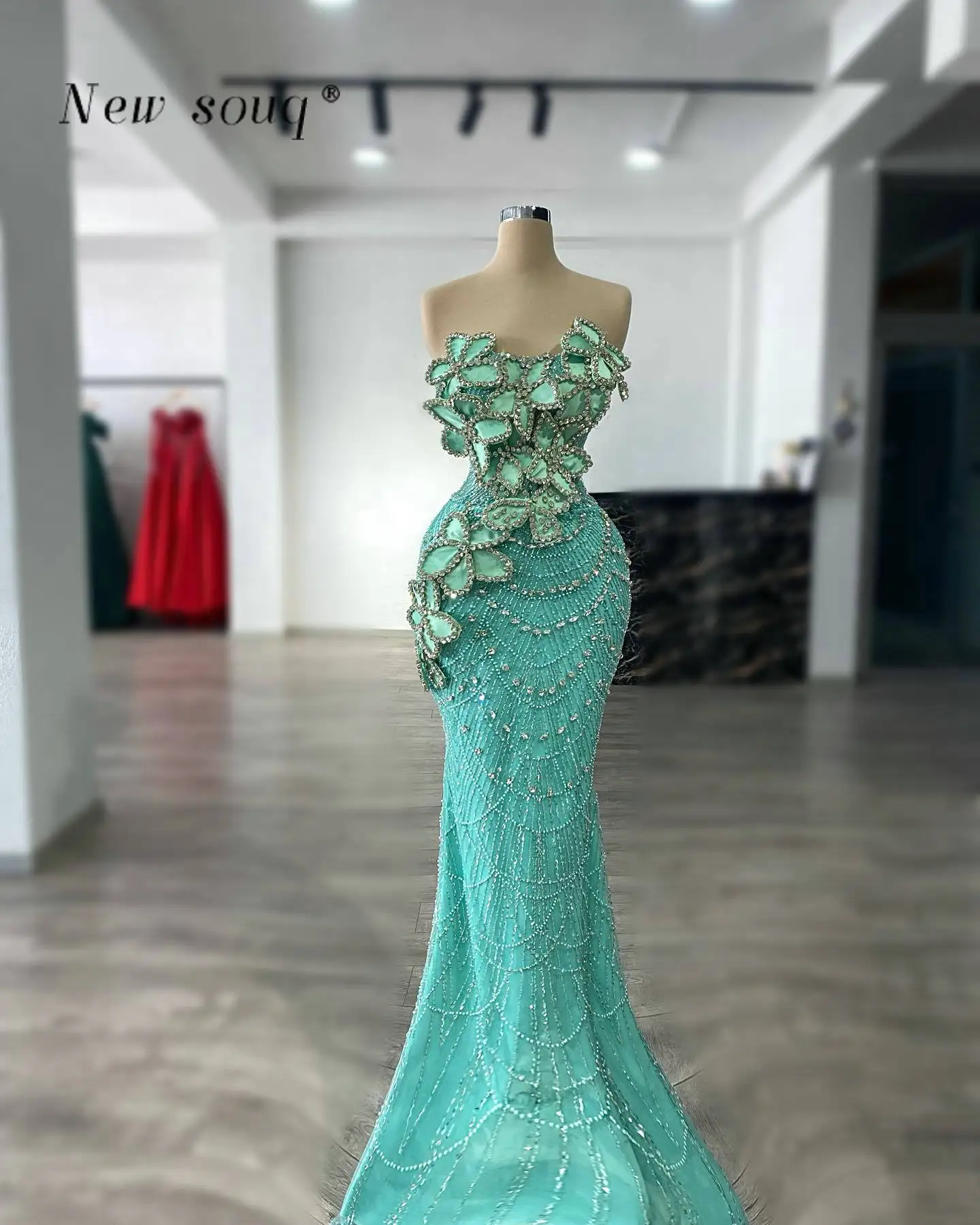 Mint Green Crystals 3D Leaf Design Mermaid Evening Dresses One Shoulder Strap Glitter Sequin Beaded Long Formal Party Gowns