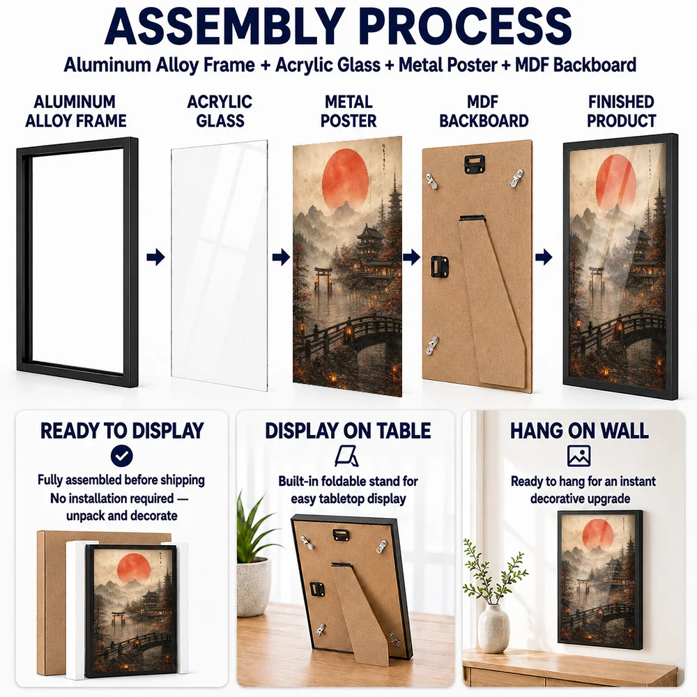 Japan Landscape Featuring Red Moon Metal Poster With Aluminum Alloy Frame Personalized Photo Futuristic Style Wall Art For Study
