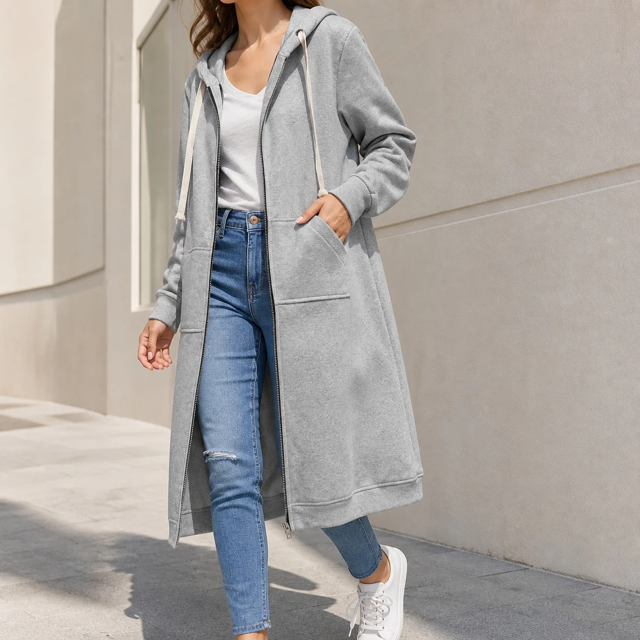 Women's Elegant Hooded Color Block Cardigan Medium Weight Zipper Oversized Jacket For Women Regular Sleeve Casual Winter